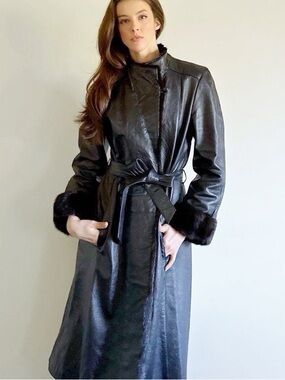 90s Vintage Black Leather Trench Coat with High Neck Funnel Collar and Fur Cuffs